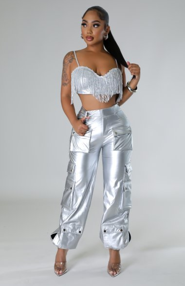 High Waisted Multi Pockets Foil Look Stretch Pants Silver