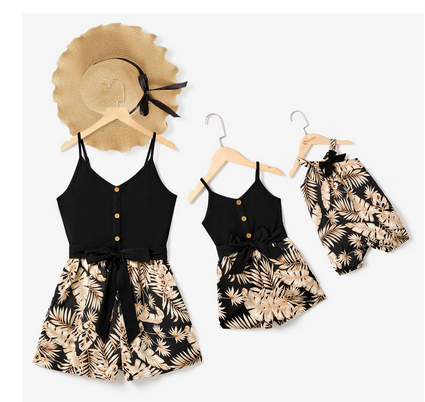 Camisole Leaf Print Belted Romper – Baby