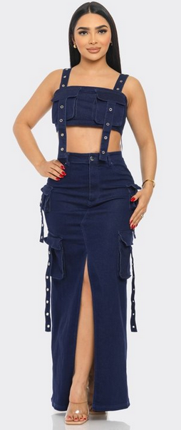 2 piece denim long skirt set