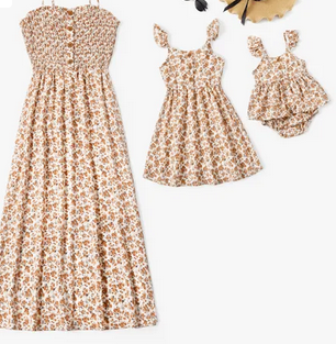 Mommy And Me Beige Floral Pattern Dresses Baby Sizes 3Mos-18Mos, Girl Sizes 2Yrs-9Yrs, Woman Beige